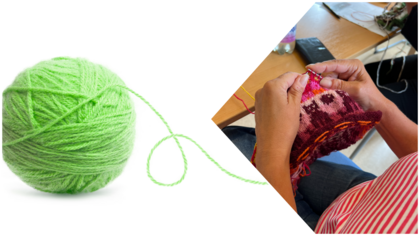 Ett nystan av grönt garn och en person som stickar med färgglatt garn vid ett bord.