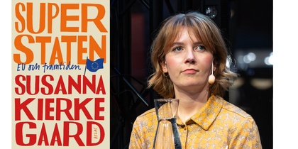 Omslag till boken 'Superstaten' och en kvinna med mikrofon i gul mönstrad skjorta på scen.