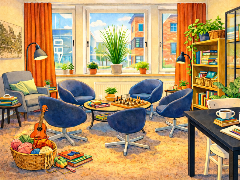 Färgglad och hemtrevlig läshörna med blå stolar, böcker, växter, schackbräde och garnkorg i ett soligt rum.