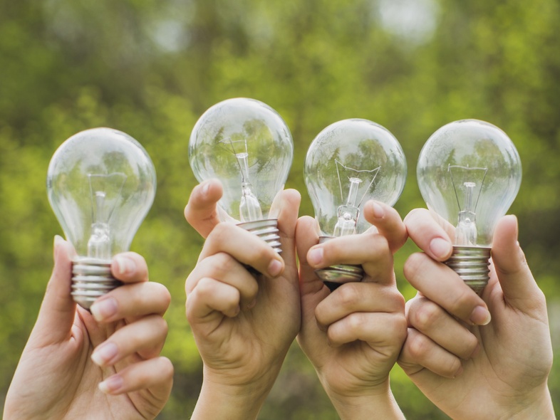 Fyra händer håller upp varsin glödlampa utomhus med grönskande bakgrund.