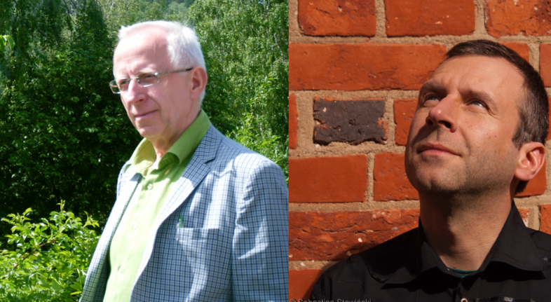 Två män, en äldre utomhus i grön miljö och en yngre mot en tegelvägg, båda tittar åt sidan.