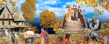Illustration av höstlandskap med hus, får, musiker, bro, människor, staty och färgglada löv.