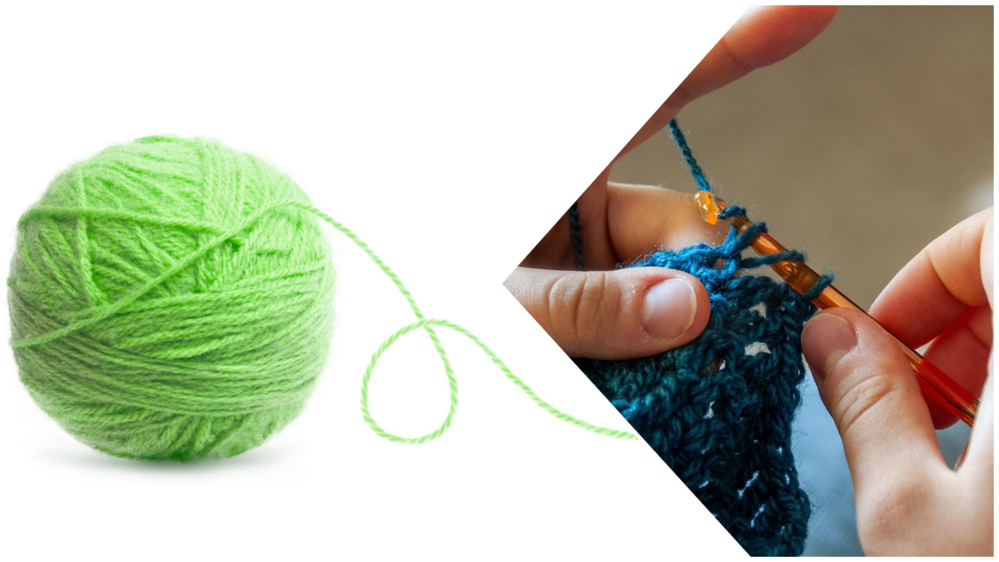 Ett nystan av grönt garn och händer som virkar med blått garn och virknål.
