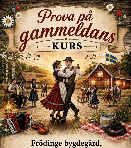 Affisch för gammeldanskurs med folkdansare i traditionella kläder utomhus vid en röd stuga.
