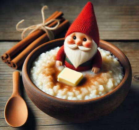 En skål med risgrynsgröt, smörklick och kanel, med en liten tomtefigur i gröten.
