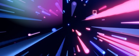 Färgglada ljusstrålar i blått, rosa och lila mot svart.