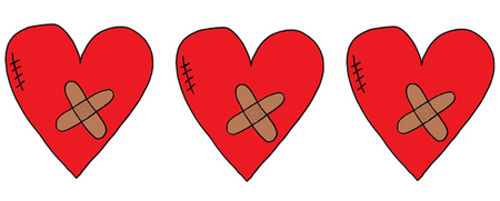Fem röda hjärtan med plåster och stygn, symboliserar läkta sår eller brustna hjärtan.