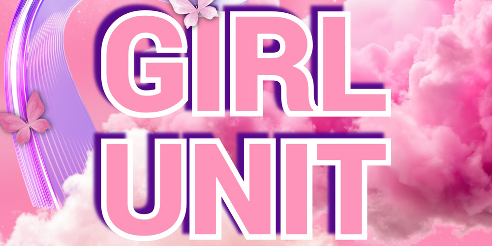 Texten 'GIRL UNIT' i stora bokstäver mot en rosa bakgrund med moln, fjärilar och neonliknande linjer.