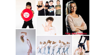 Collage med barn och vuxna som dansar, poserar och tränar i ljusa kläder, samt en kvinna som ler mot kameran.