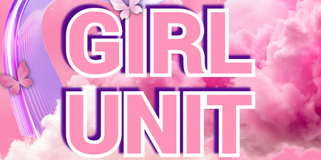Texten 'GIRL UNIT' i stora bokstäver mot en rosa bakgrund med moln, fjärilar och neonliknande linjer.