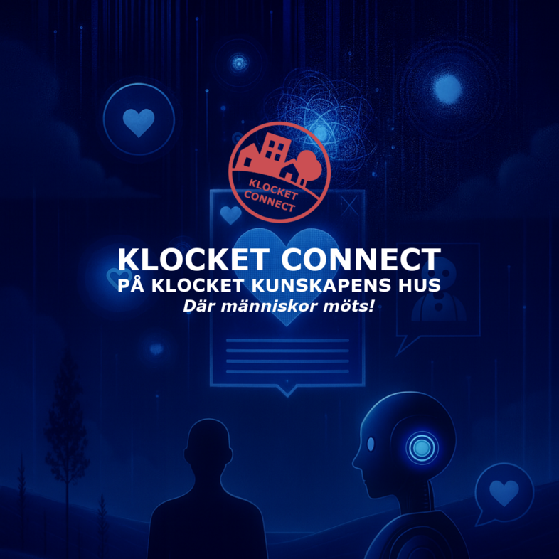 Två silhuetter, en människa och en robot, möts mot en blå digital bakgrund med text om Klocket Connect.