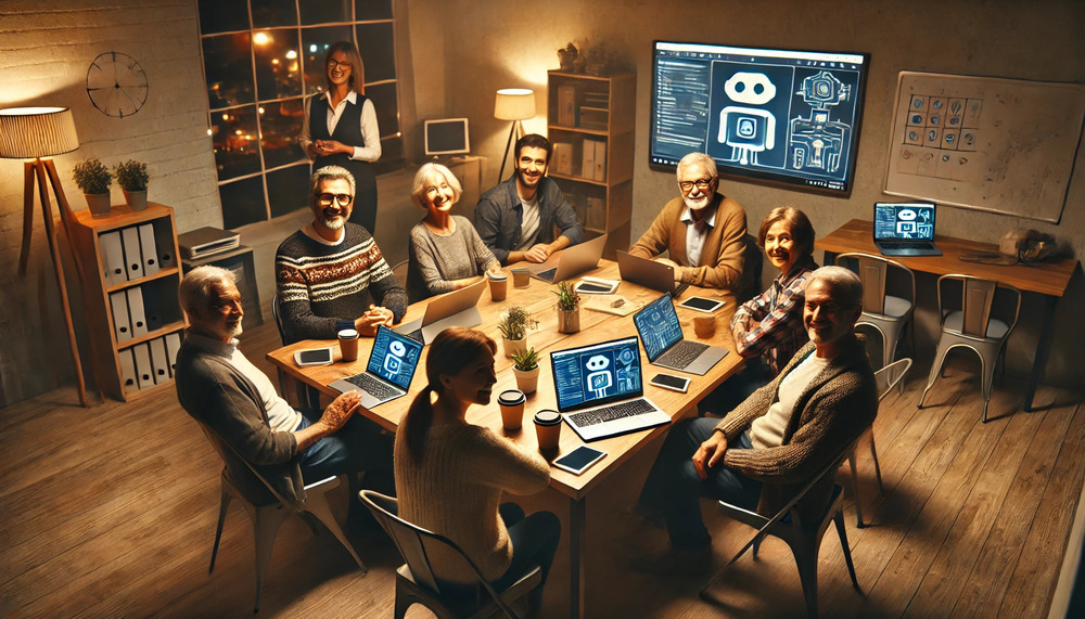 En grupp äldre vuxna sitter runt ett bord med laptops i ett modernt kontor, leende och samarbetar.