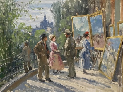 Målning av människor i 1800-talskläder som betraktar konst utomhus med stad och kyrka i bakgrunden.