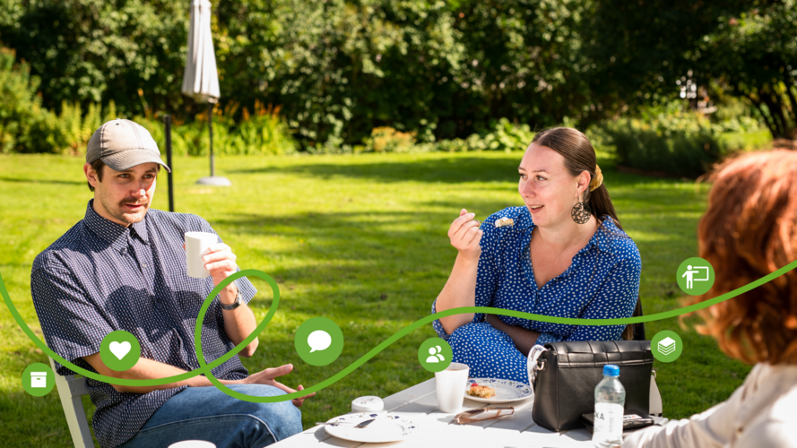 Tre personer sitter vid ett bord utomhus och fikar i en grön parkmiljö.