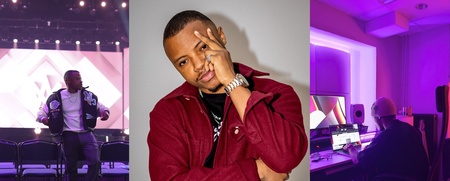 Tre bilder: en man på scen, en man poserar mot grå bakgrund, en person arbetar vid dator i musikstudio.