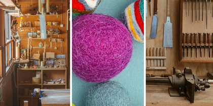 Collage med bilder från träslöjdsrum samt ulltovade färgglada bollar