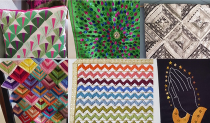 Sex olika broderade textilier med färgglada geometriska och dekorativa mönster.