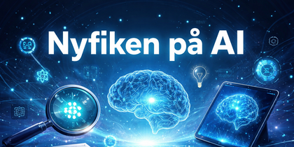Digital illustration med texten 'Nyfiken på AI', en hjärna, förstoringsglas, surfplatta och frågetecken i blått teknologitema.