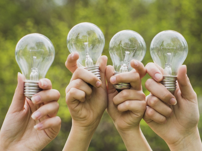 Fyra händer håller upp varsin glödlampa utomhus med grönskande bakgrund.