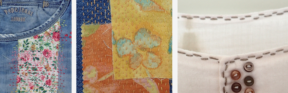 Tre exempel på synliga lagningar och dekorationer på kläder med broderi, lappar och knappar.