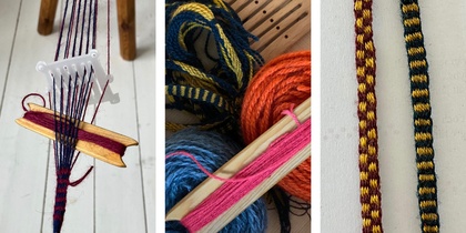 Tre bilder visar bandvävning med garn, vävskedar och färdiga band i olika färger.