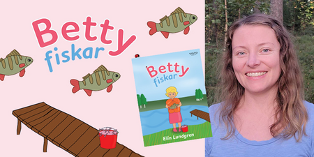 Omslag till barnboken 'Betty fiskar' av Elin Lundgren med illustration av en brygga, fiskar och en röd hink.
