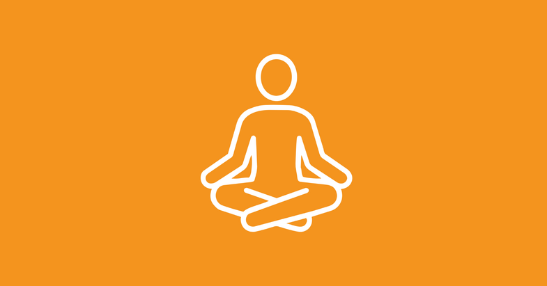 Enkel linjeikon av en person som sitter i meditationsställning mot orange bakgrund.