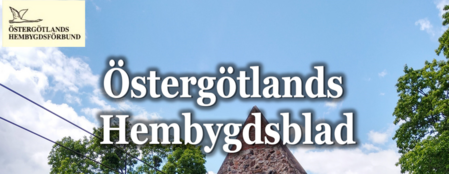 Omslagsbild med texten 'Östergötlands Hembygdsblad' mot blå himmel, träd och en kyrkobyggnad.