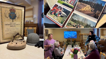 Kollage med äldre personer vid ett bord, gamla foton, diplom och föremål på ett bord i hemlik miljö.