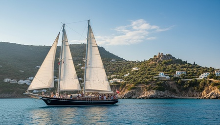 AI bild av segelbåt med två master seglar nära en kust med gröna kullar och vita hus under en klarblå himmel.