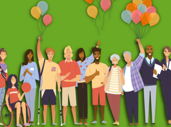 Illustration av en stor grupp människor, några håller i färgglada ballonger, runt omkring dem finns gula serpentiner, allt mot en grön bakgrund.