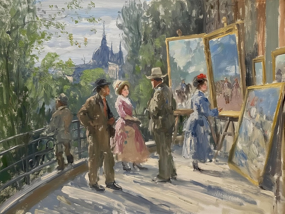 Målning av människor i 1800-talskläder som betraktar konst utomhus med stad och kyrka i bakgrunden.