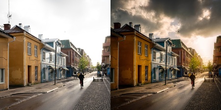 Två versioner av samma gata, en med ljus himmel och en med mörka dramatiska moln, en person går på trottoaren.