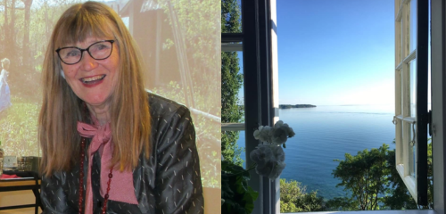 Delad bild: kvinna med glasögon och långt hår till vänster, öppen fönsterutsikt mot havet till höger.