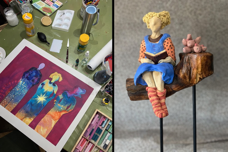 Tvådelad bild: till vänster ett färgglatt konstverk och konstmaterial, till höger en skulptur av en flicka som läser bok.