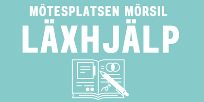 Texten 'Mötesplatsen Mörsil Läxhjälp' med en ikon av en öppen bok och penna på ljusblå bakgrund.