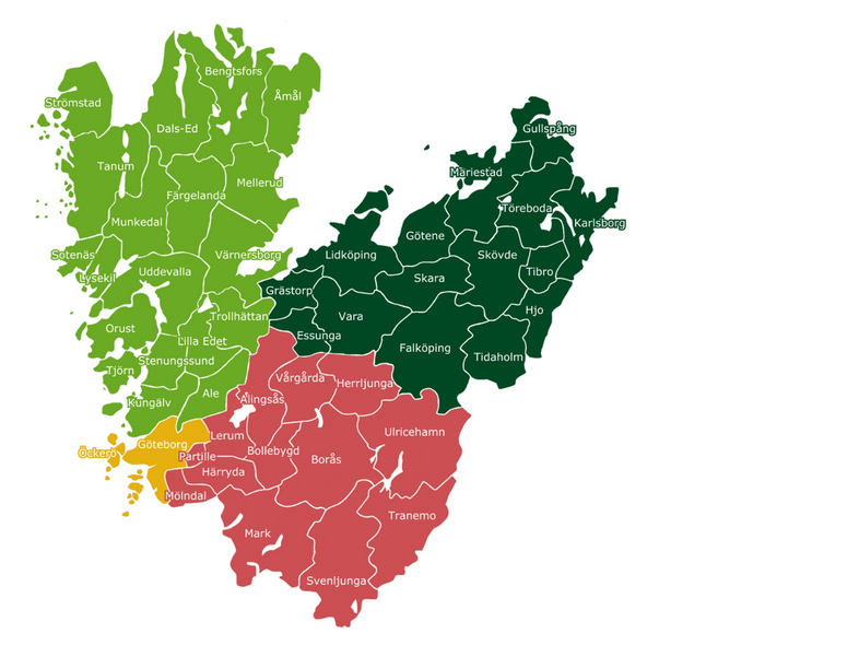 Karta över Västra Götalandsregionen i Sverige, indelad i fyra färgade områden: grönt, mörkgrönt, gult och rött.