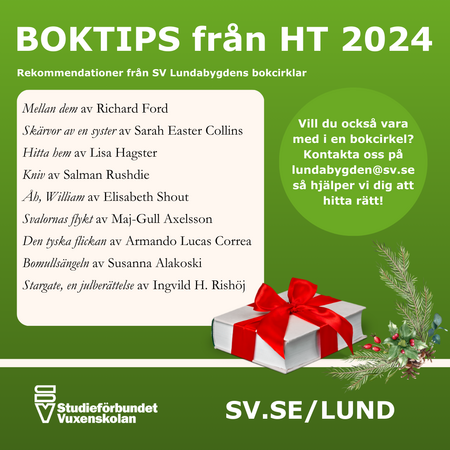 Grön informationsbild med boktips för hösten 2024 från SV Lundabygden, samt kontaktinformation och julklappspaket.