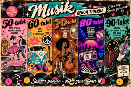 Färgglad affisch som visar musikstilar och mode från 50- till 90-talet med retroillustrationer och text på svenska.