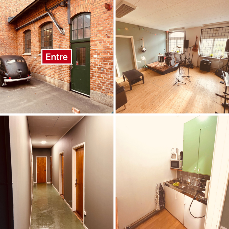 Fyra bilder visar en musikstudio: entré med tegelvägg, inspelningsrum med instrument, korridor och litet kök.