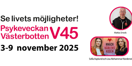 Affisch för Psykeveckan Västerbotten vecka 45, 3–9 november 2025, med namn på föreläsare.