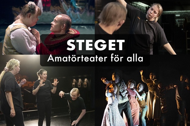 Affisch för amatörteater med personer på scen, texten 'Steget – Amatörteater för alla' och logotyper längst ner.