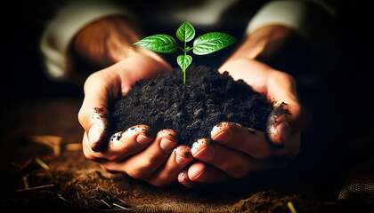 Två händer håller en hög jord med en liten grön planta som växer upp ur jorden.