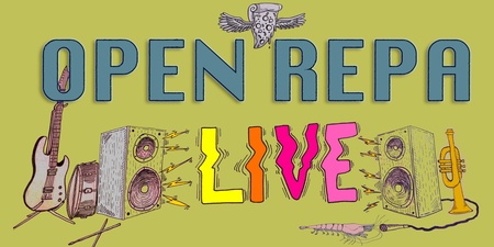 Illustration med texten 'OPEN REPA LIVE', musikinstrument, högtalare och en räka på ljusgrön bakgrund.