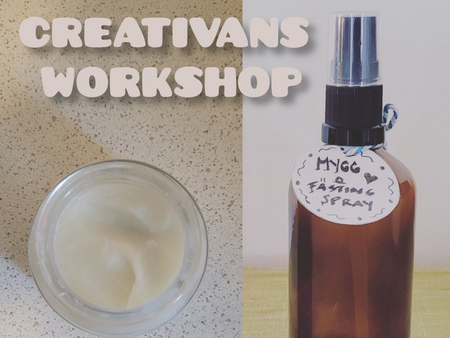 Bild med texten 'Creativans Workshop', en burk med kräm och en sprayflaska med handskriven etikett.