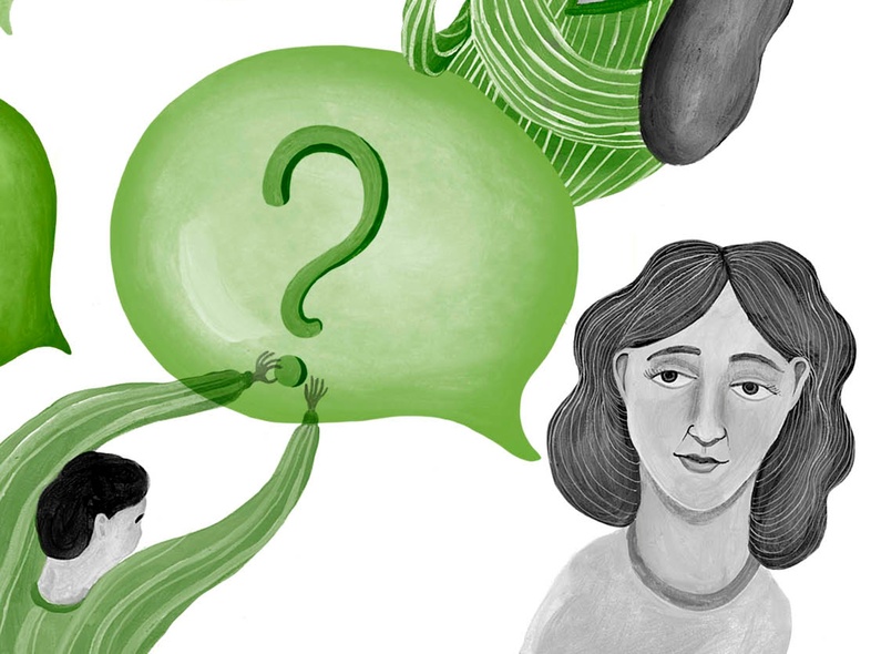 Illustration av personer och pratbubblor med symboler som hashtag, snabel-a, utropstecken och frågetecken i gröna nyanser.