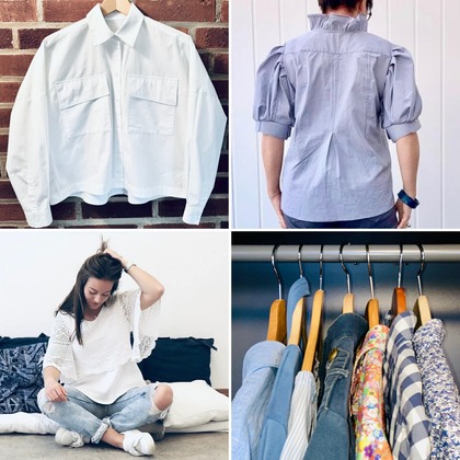 Fyra bilder med olika skjortor och blusar, både på galge, person och i garderob.