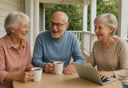 Tre äldre personer sitter vid ett bord utomhus med kaffekoppar och en bärbar dator.