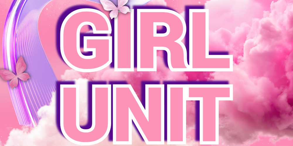 Texten 'GIRL UNIT' i stora bokstäver mot en rosa bakgrund med moln, fjärilar och neonliknande linjer.