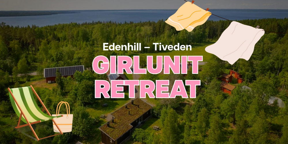 Flygbild över Edenhill i Tiveden med texten 'Girlunit Retreat', solstol, picknickkorg och tvätt på lina.